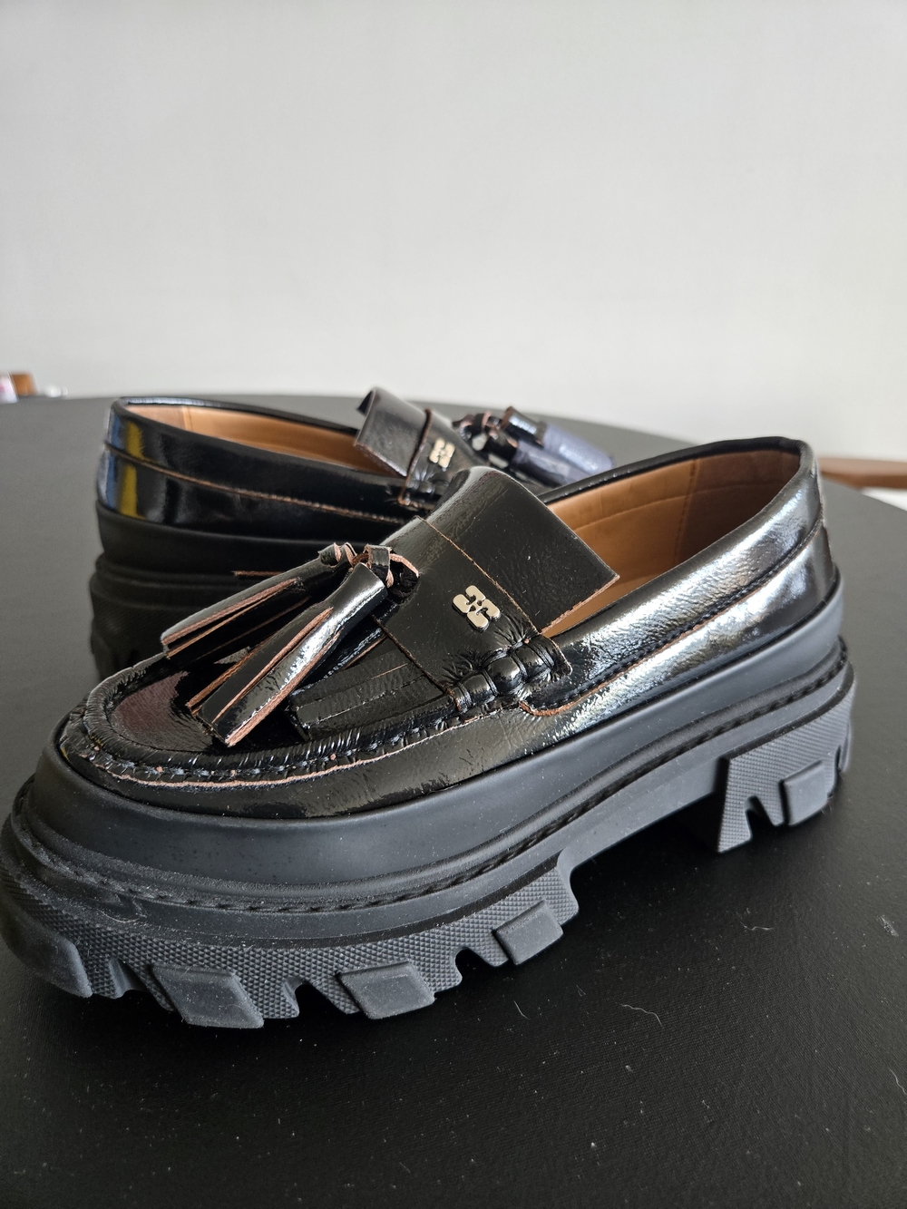 ​GANNI Black Patent Leather Chunky Butterfly Tassel Loafers 38 NWOB